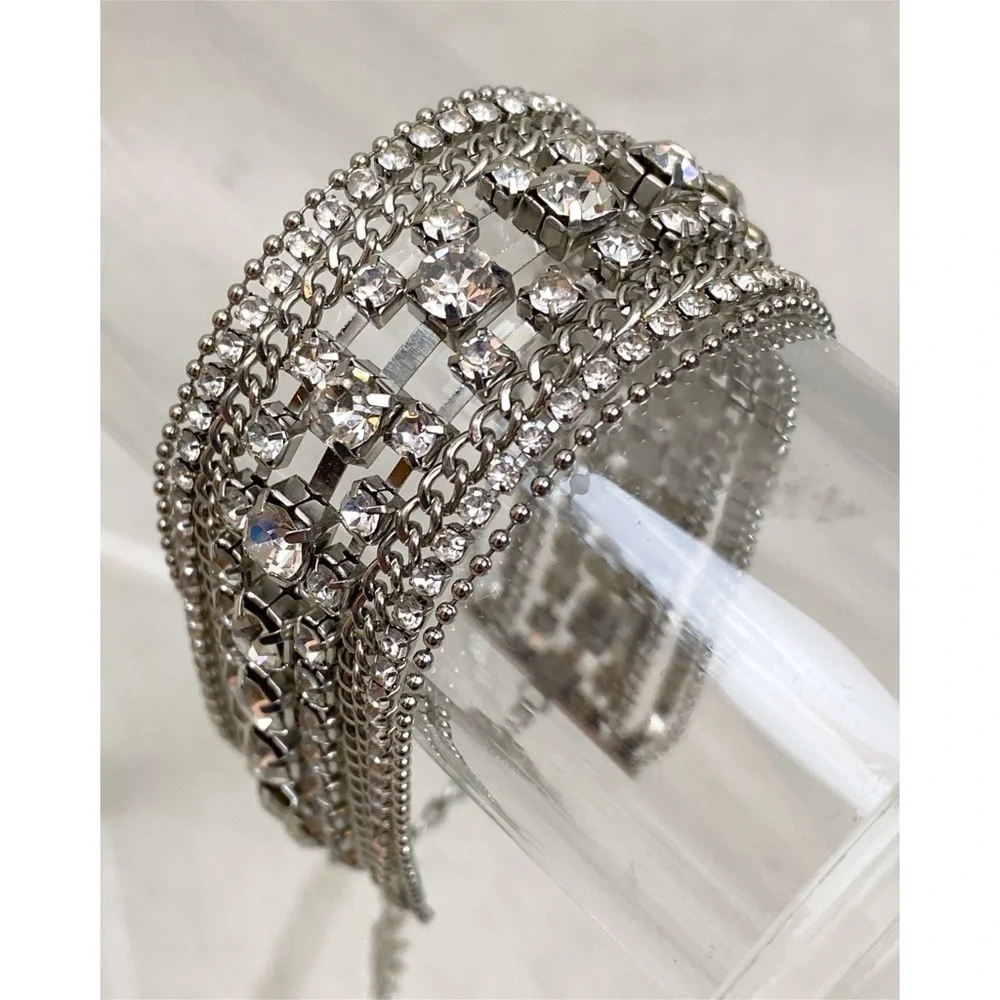 Multi Strand Silver Tone Clear Rhinestone Bracelet